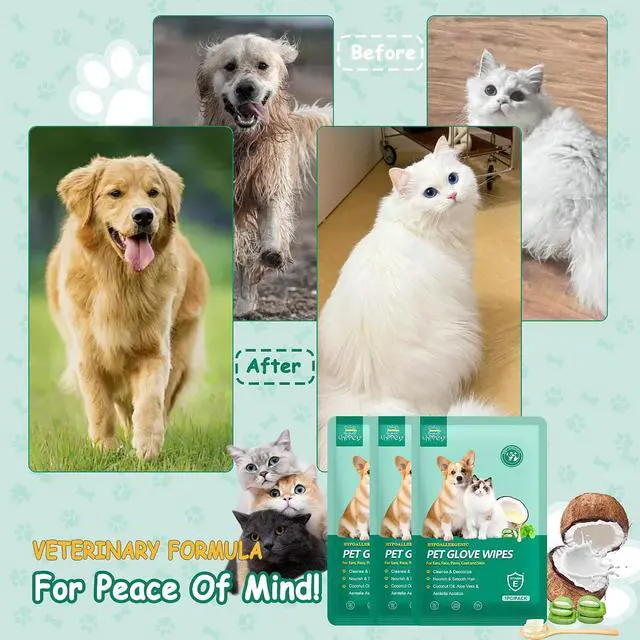 Alt view image 6 of 7 - 10 PCS Pet Cleaning and Deodorizing Bathing Grooming Glove Wipes for Dogs and Cats, Extra Thick Nourish Fur No-Rinse Grooming Wipes for Daily Care and Travel, Hypoallergenic