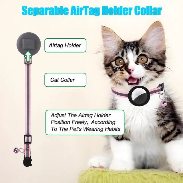 Alt view image 4 of 7 - Reflective Cat Collar Fits for AirTag Holder, Breakaway Safety Buckle, Bell & Adjustable Strap for Cats Kittens - Compatible with Apple AirTag, Anti-Lost Pet Tracker Collar,Pink
