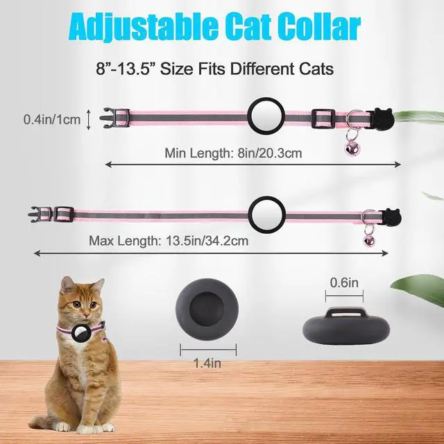 Alt view image 3 of 7 - Reflective Cat Collar Fits for AirTag Holder, Breakaway Safety Buckle, Bell & Adjustable Strap for Cats Kittens - Compatible with Apple AirTag, Anti-Lost Pet Tracker Collar,Pink