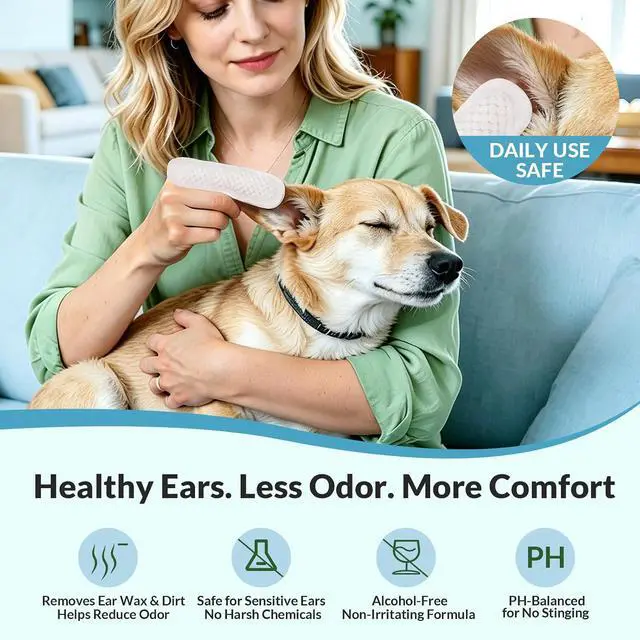 Alt view image 2 of 7 - Dog Ear Finger Wipes for Dogs & Cats, Removes Ear Wax & Buildup, Better Than Ear Drops, Larger No-Slip Finger Fit for Better Control, Aloe Vera & Witch Hazel, Gentle for Sensitive Ears - 50 Count
