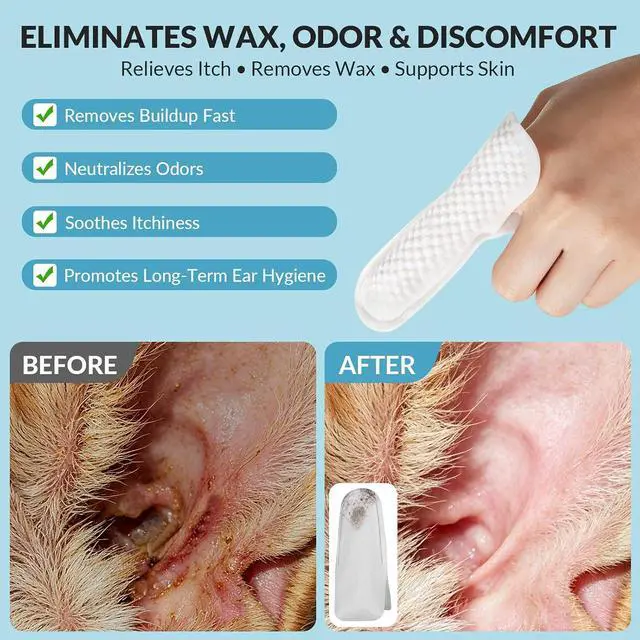Alt view image 3 of 7 - Dog Ear Finger Wipes for Dogs & Cats, Removes Ear Wax & Buildup, Better Than Ear Drops, Larger No-Slip Finger Fit for Better Control, Aloe Vera & Witch Hazel, Gentle for Sensitive Ears - 50 Count