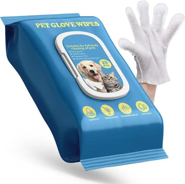 Main image of Pet Glove Wipes for Dogs & Cats with Coconut Scent, No Rinse Full Body Cleaning Large Gloves (9.84 x 9.05 inch), Gentle Grooming for Paws Face Ears Eyes Coat, Alcohol Free, 20 Pack