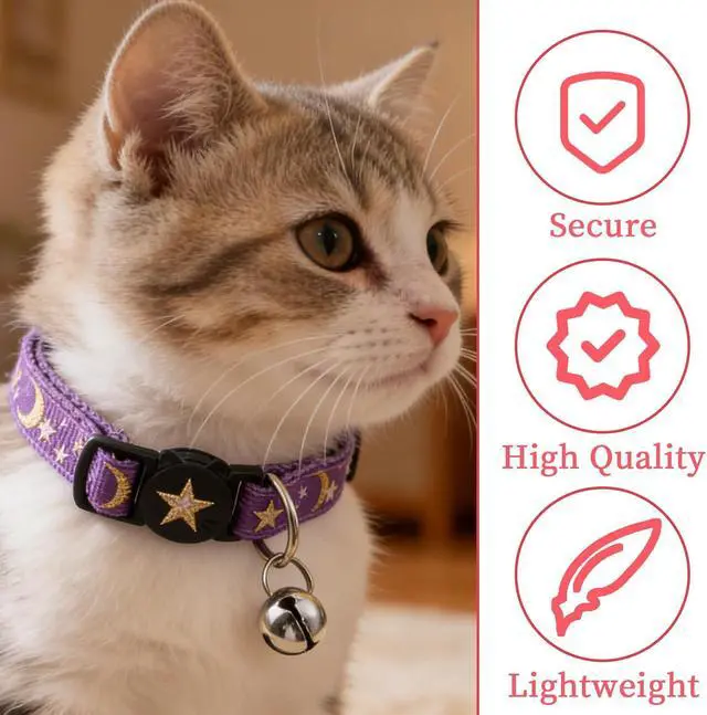 Alt view image 3 of 7 - Cat Collars with Bell for Cats, 4Pcs Breakaway Kitten Collar Moons Stars Glow in Dark, Adjustable 8.3-13.4 Inch Safe