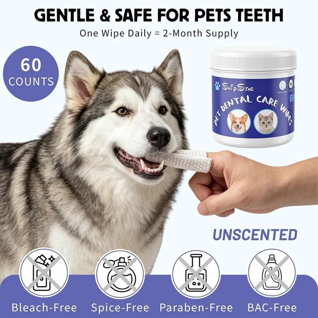Alt view image 7 of 7 - 60CT Unscented Dog Dental Wipes, No-Rinse for Ear Eye Gum Care | Disposable Cat Dog Teeth Cleaning Finger Wipes, Reduce Plaque Tartar, Breath Freshener, Pet Toothbrush Toothpaste Alternative