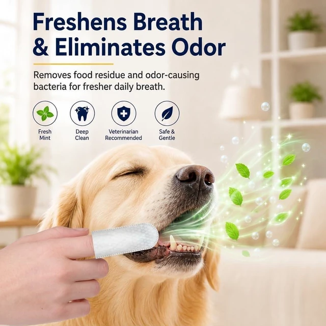 Alt view image 2 of 7 - Pet Teeth Cleaning Finger Wipes for Dogs & Cats, Gentle Daily Oral Care Dental Wipes Helps Reduce Plaque Tartar & Freshens Breath, Dog Toothbrush Alternative for Puppies, Kittens & All Breeds,50 Count