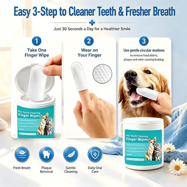 Alt view image 5 of 7 - Pet Teeth Cleaning Finger Wipes for Dogs & Cats, Gentle Daily Oral Care Dental Wipes Helps Reduce Plaque Tartar & Freshens Breath, Dog Toothbrush Alternative for Puppies, Kittens & All Breeds,50 Count