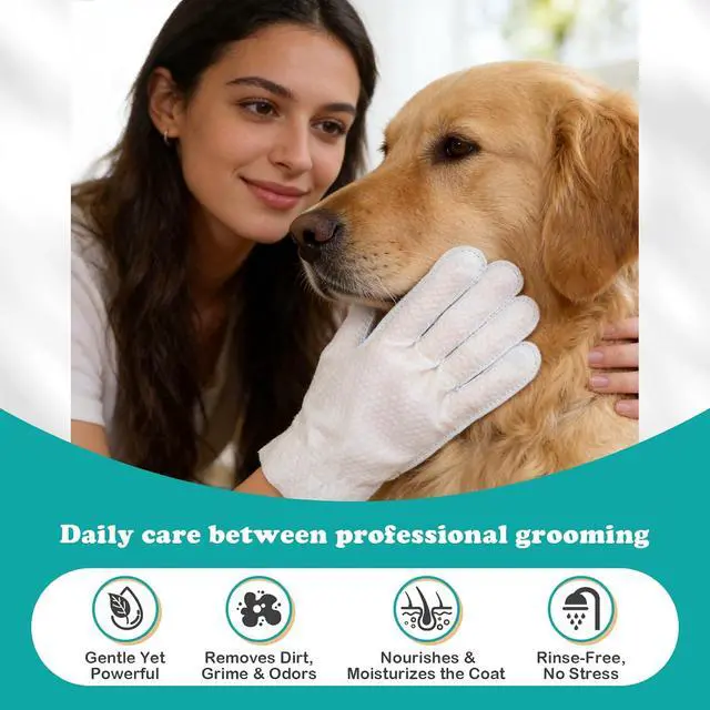 Alt view image 2 of 7 - Pet Glove Wipes for Dogs & Cats, Travel-Friendly, with No-Rinse Foam Mousse for Enhanced Cleaning & Deodorizing, Extra Thick Hypoallergenic Design, Ideal for Large & Playful Puppies