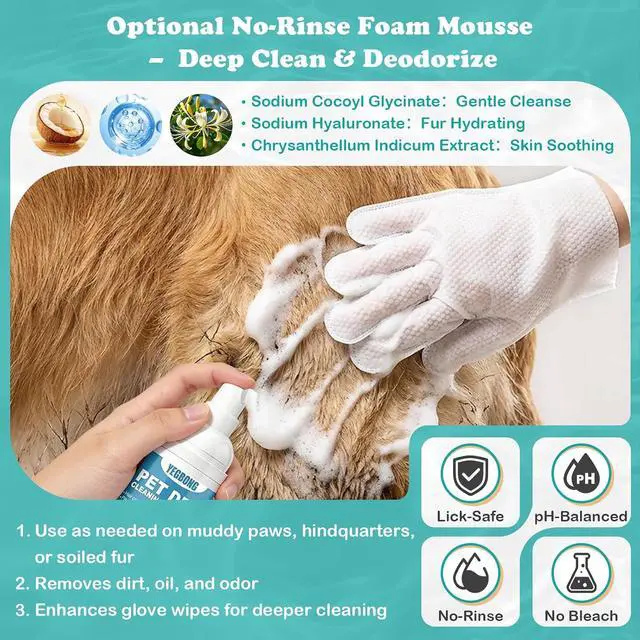 Alt view image 4 of 7 - Pet Glove Wipes for Dogs & Cats, Travel-Friendly, with No-Rinse Foam Mousse for Enhanced Cleaning & Deodorizing, Extra Thick Hypoallergenic Design, Ideal for Large & Playful Puppies
