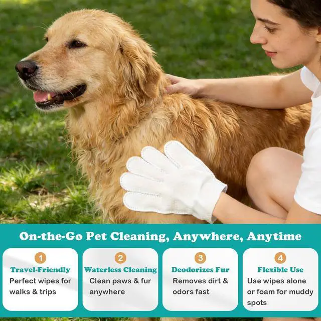 Alt view image 6 of 7 - Pet Glove Wipes for Dogs & Cats, Travel-Friendly, with No-Rinse Foam Mousse for Enhanced Cleaning & Deodorizing, Extra Thick Hypoallergenic Design, Ideal for Large & Playful Puppies