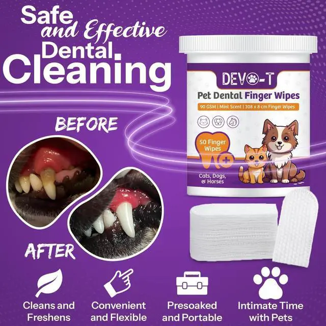 Alt view image 6 of 7 - 100% Natural Dog Teeth Cleaning Wipes Mint Scented | 50 Count | Pet Teeth Cleaning Finger Wipes for Dogs, Cats & Horses | Remove Bad Breath, Plaque & Tartar Buildup | Dog Dental Wipes Finger