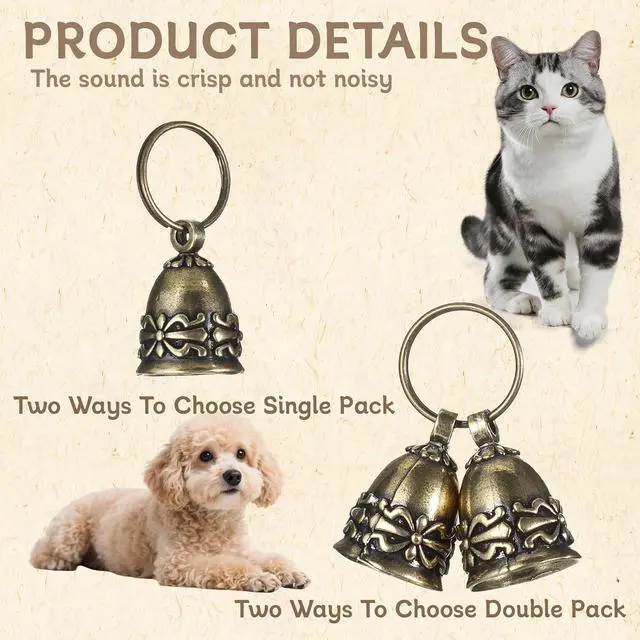 Alt view image 3 of 7 - 2Pcs Copper Collar Bell for Small Pet, Retro Brass Dog Bells with 2 KeyringClear Sound Vintage Copper Collar Charms Pendant for Dogs & Cats Tracking Anti Lost