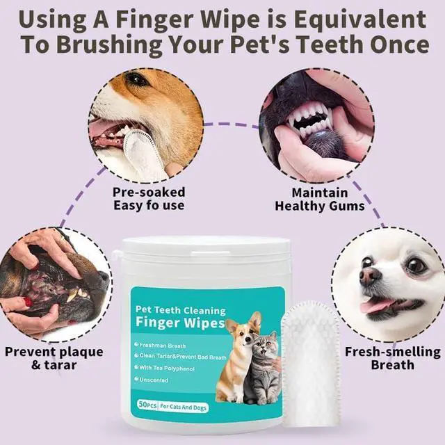 Alt view image 3 of 7 - Pet Teeth Cleaning Finger Wipes, Dog Cat Dental Wipes, Unscented, with Tea Polyphenol,No-Rinse Dog Finger Toothbrush, Clean Tartar & Prevent Bad Breath, 50pcs