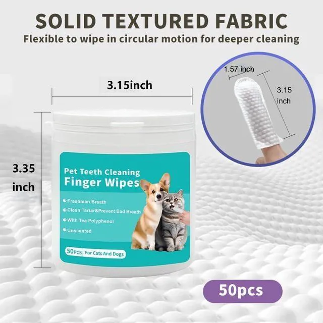 Alt view image 2 of 7 - Pet Teeth Cleaning Finger Wipes, Dog Cat Dental Wipes, Unscented, with Tea Polyphenol,No-Rinse Dog Finger Toothbrush, Clean Tartar & Prevent Bad Breath, 50pcs