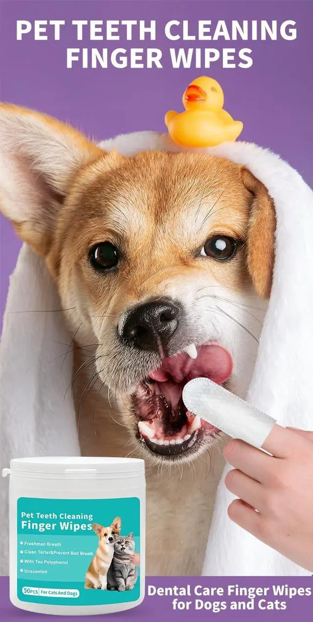 Alt view image 6 of 7 - Pet Teeth Cleaning Finger Wipes, Dog Cat Dental Wipes, Unscented, with Tea Polyphenol,No-Rinse Dog Finger Toothbrush, Clean Tartar & Prevent Bad Breath, 50pcs