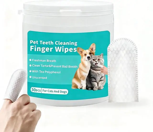 Main image of Pet Teeth Cleaning Finger Wipes, Dog Cat Dental Wipes, Unscented, with Tea Polyphenol,No-Rinse Dog Finger Toothbrush, Clean Tartar & Prevent Bad Breath, 50pcs