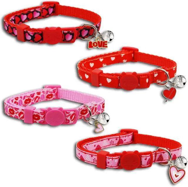 Alt view image 2 of 7 - Valentine's Day Cat Collar Set, 4 Pack Pink Heart Pattern Collars with Cute Charms and Bells for Boys Girls Kitties Kittens