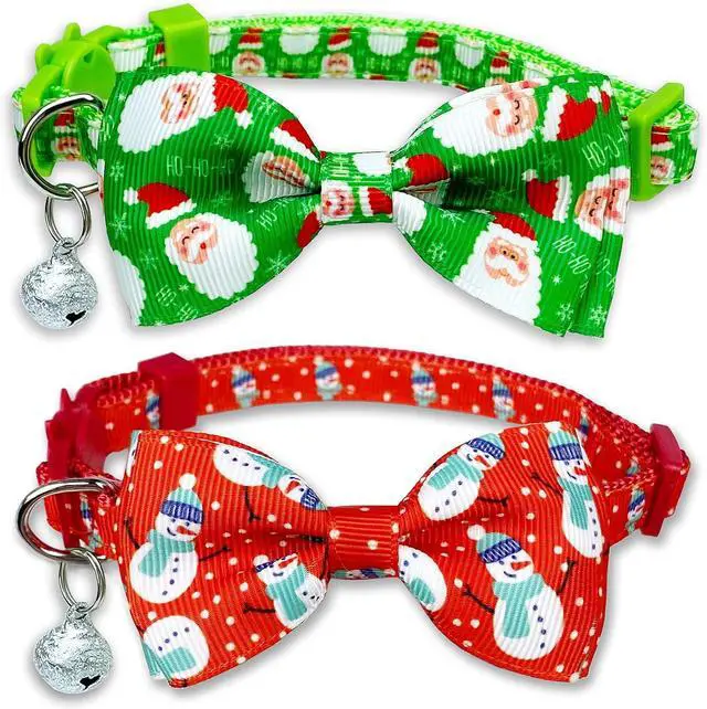 Main image of Christmas Cat Bow Tie Collar with Bell, 2 Pack Holiday Kitty Kitten Santa and Snowman Collar for Male Female Girls Boys