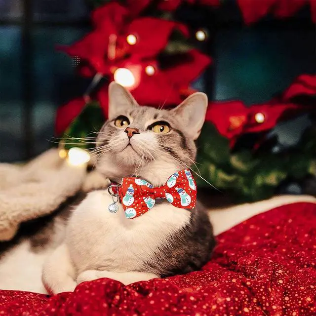 Alt view image 6 of 7 - Christmas Cat Bow Tie Collar with Bell, 2 Pack Holiday Kitty Kitten Santa and Snowman Collar for Male Female Girls Boys