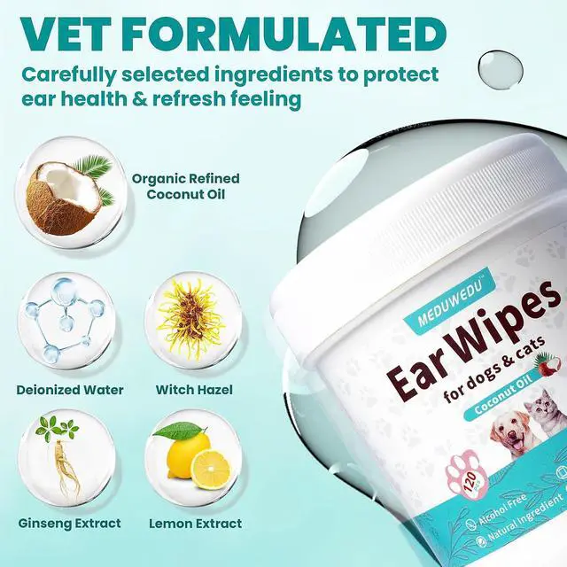Alt view image 3 of 7 - Ear Cleaner Wipes 120 Counts, Dog Ear Cleaner, Grooming Kit Care for Dogs and Cats, Soft & Easy Otic Cleaning Pads, Remove Wax, Dirt & Stop Smelly, Itchy, Non-Irritating, Coconut Scent
