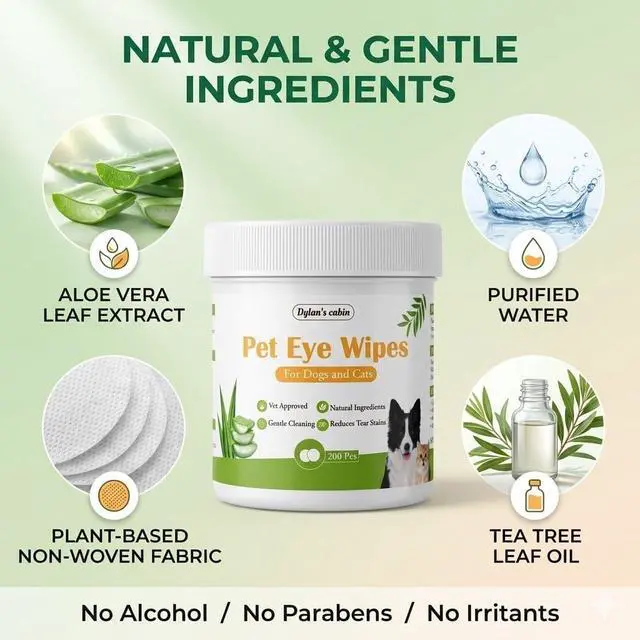 Alt view image 5 of 7 - Dog Eye Wipes, 200 Count, Alcohol-Free, pH-Balanced | Soft round pads wipe away tear stains, discharge and crust, gentle daily eye care for cats and dogs