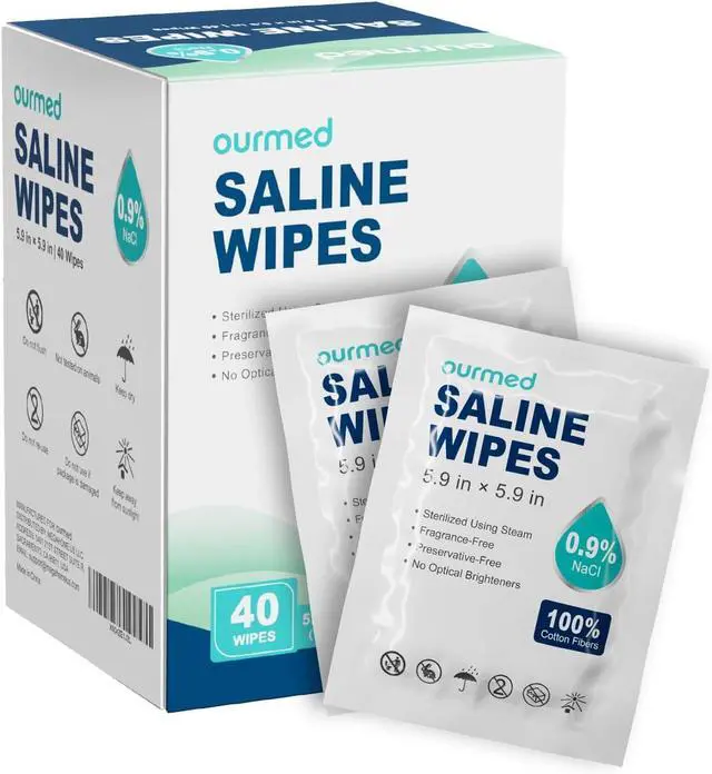 Main image of Ourmed Saline Wipes 40 Count, Sterile Unscented Gentle Cotton Wipes for Baby & Kids, Eye Nose Face Care, Hypoallergenic for Sensitive Skin, Piercing Aftercare & Wound Cleansing