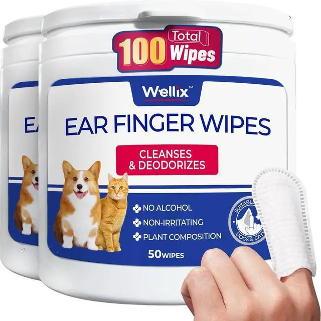 Main image of Pet Ear Cleaner Wipes for Dogs & Cats, Perfect Finger Fit, 100 Count | Herbal Formula with Chamomile & Honeysuckle | Ear Cleaner Finger Wipe in Resealable Canister | Soothes Itchy Ears