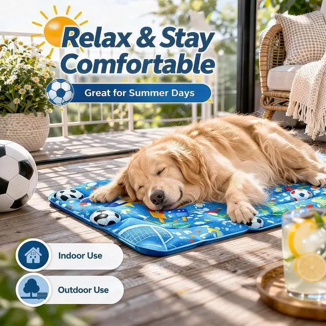 Alt view image 2 of 7 - Dog Cooling Mat, Water-Activated Gel Ice Pad for Dogs&Cats, Self-Cooling Mat Soccer Fan Dog Gifts, Waterproof Wipe-Clean, Soccer-Themed Summer Beds for Outdoor&Indoor Medium/Small Pets