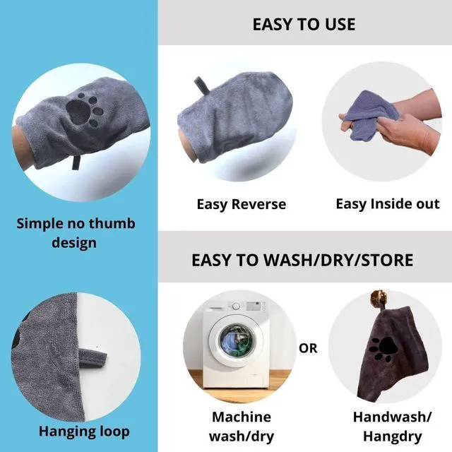 Alt view image 5 of 7 - Microfiber Pet Towel Mitts - Paw Cleaning and Drying Mitts/Gloves for Dogs and Cats (Gray, Standard - 2 Pack)