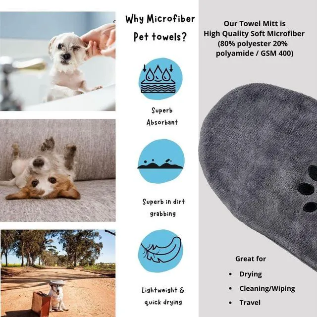 Alt view image 4 of 7 - Microfiber Pet Towel Mitts - Paw Cleaning and Drying Mitts/Gloves for Dogs and Cats (Gray, Standard - 2 Pack)