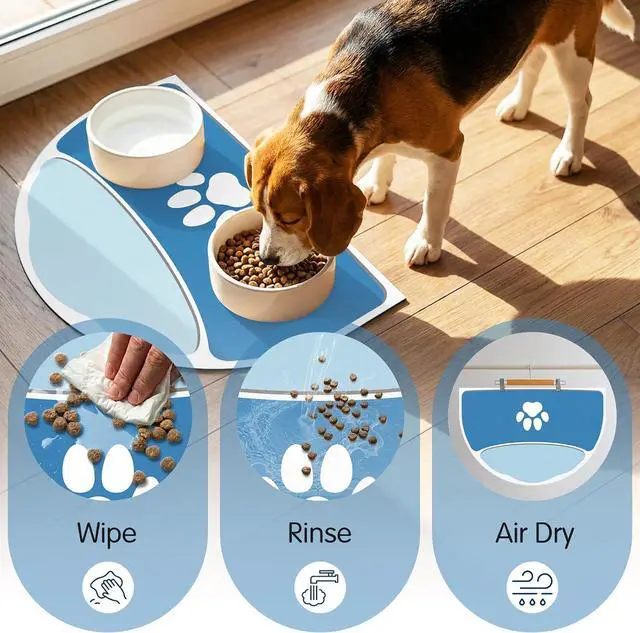 Alt view image 4 of 6 - Dog Feeding Mat, 20''x12'' Absorbent Small Pet Food Mat, Wipe Clean Pet Placemats for Food and Water, Non-Slip Rubber Mat for Dog Bowls, Fit with Single Normal Dogs Bowls, Blue
