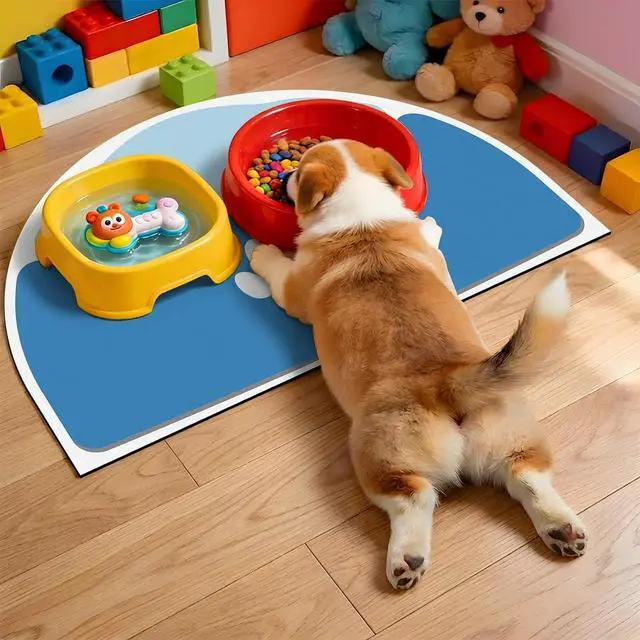 Alt view image 6 of 6 - Dog Feeding Mat, 20''x12'' Absorbent Small Pet Food Mat, Wipe Clean Pet Placemats for Food and Water, Non-Slip Rubber Mat for Dog Bowls, Fit with Single Normal Dogs Bowls, Blue