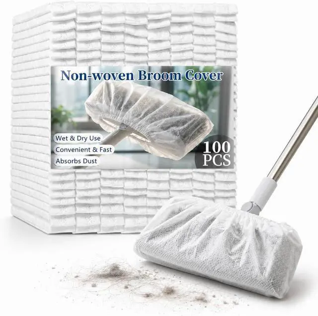 Main image of 100PC Disposable Broom Cover Dust Wipes | Non-Woven Floor Cleaning Covers with Double Elastic Fit for Pet Hair Removal Broom, Sweep Mop, Household Cleaning Tools
