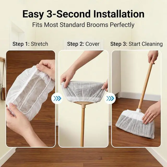 Alt view image 5 of 7 - 100PC Disposable Broom Cover Dust Wipes | Non-Woven Floor Cleaning Covers with Double Elastic Fit for Pet Hair Removal Broom, Sweep Mop, Household Cleaning Tools