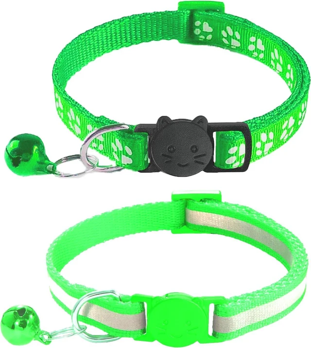 Main image of 2 Pack Breakaway Cat Collars with Bells, Reflective Design and Claw Print Design, Safety Buckle Kitten Collars Adjustable from 7.5 to 12.5 Inches (Green)