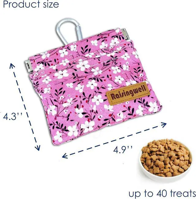 Alt view image 2 of 6 - Dog Treat Pouch, Small Cotton Pocket Sized Training Holder, Hand Free Walking Fanny Bag with Carabiner, Self-Closing Pet Feed Snack Reward, Behavior Aids for Puppy Travel or Outdoor Use