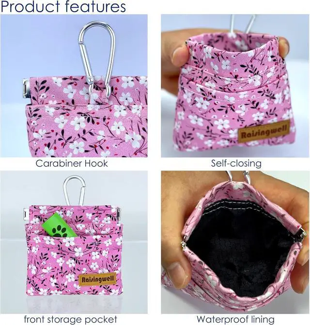 Alt view image 3 of 6 - Dog Treat Pouch, Small Cotton Pocket Sized Training Holder, Hand Free Walking Fanny Bag with Carabiner, Self-Closing Pet Feed Snack Reward, Behavior Aids for Puppy Travel or Outdoor Use