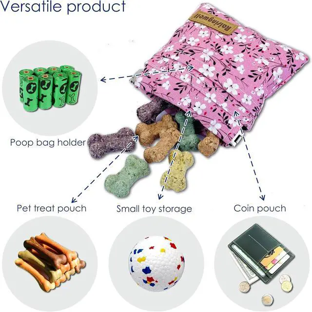 Alt view image 4 of 6 - Dog Treat Pouch, Small Cotton Pocket Sized Training Holder, Hand Free Walking Fanny Bag with Carabiner, Self-Closing Pet Feed Snack Reward, Behavior Aids for Puppy Travel or Outdoor Use