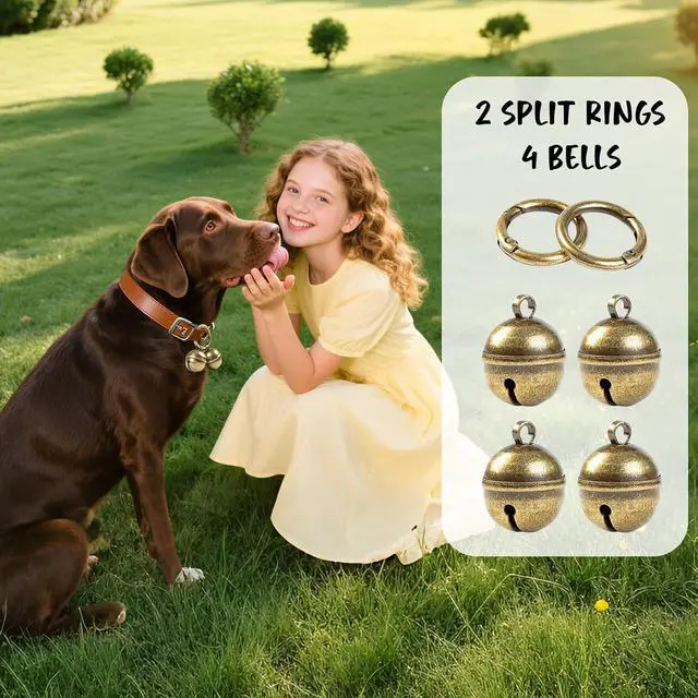 Alt view image 4 of 7 - Loud Dog Collar Bells, Durable Pet Bells Tracker for Large Dogs, 4 Copper ells and 2 Leather Button Strap for Outdoor Safety, Pet Tracking, Hiking, Walking