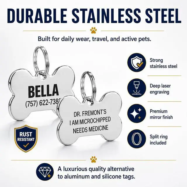 Alt view image 3 of 7 - Stainless Steel Pet ID Tag Front and Back Custom for Dog Cat Personalized