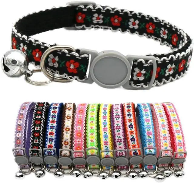 Main image of Black Cat Collar Breakaway with Bell, Break Away Kitten Collar with Bells, Cute Flower Tiny Dog Collar for XXS Xs Little Pet Dogs, Neck 7.5-12inch
