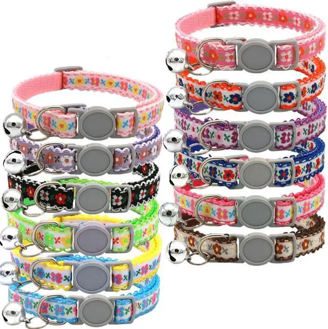 Alt view image 6 of 6 - Black Cat Collar Breakaway with Bell, Break Away Kitten Collar with Bells, Cute Flower Tiny Dog Collar for XXS Xs Little Pet Dogs, Neck 7.5-12inch