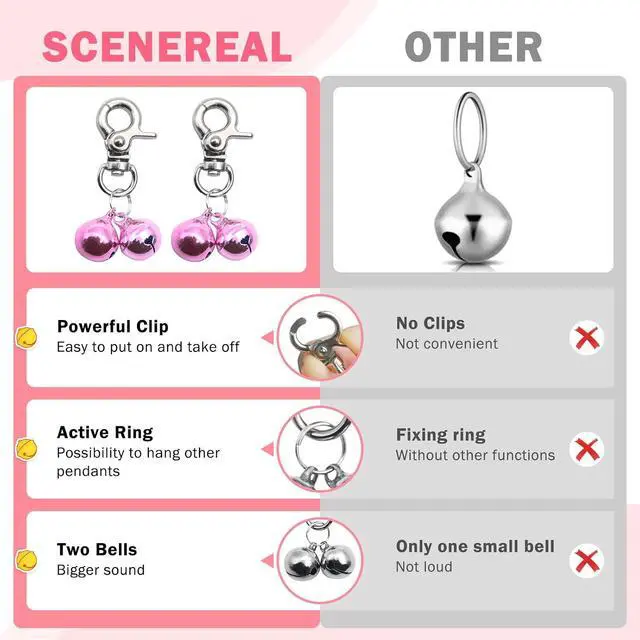Alt view image 7 of 7 - Bells for Dog Collars - 2 Pack Pet Hanging Ring Bell Accessories for Dog & Cat, Pet Pendant Collar Charm with Heavy Duty Snap Clips, Sliver Bells for Tracking and Training Christmas Gift, Pink+Pink