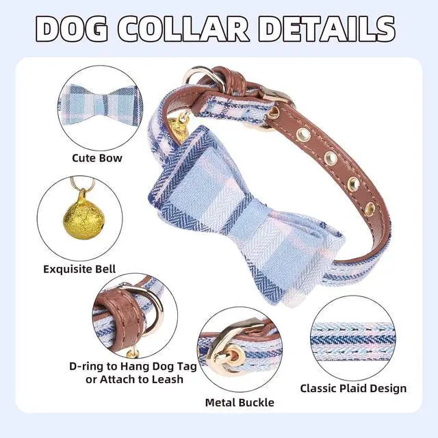Alt view image 3 of 7 - Puppy Collar with Bell XS Dog Collar Charm Adjustable Bowtie Soft Leather for Cats Kittens Extra Small Dogs