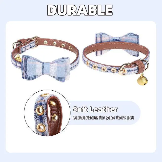 Alt view image 5 of 7 - Puppy Collar with Bell XS Dog Collar Charm Adjustable Bowtie Soft Leather for Cats Kittens Extra Small Dogs