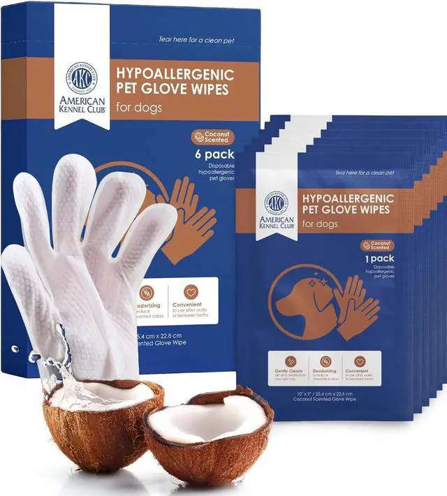 Main image of AKC Coconut Dog Bathing Glove Wipes, No-Rinse, 6 Pack | Deodorizing waterless cleaning gloves quickly clean paws and fur for all dog sizes, fur types and travel.