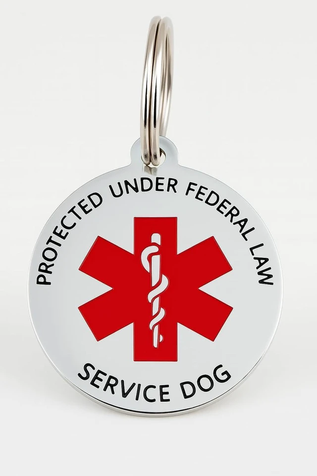 Alt view image 2 of 2 - Personalized Service Dog Tag Protect Under Federal Law Red Medical Alert Symbol ID Emotional Support Easily Attach to Collar Harness Vest Small and Large (Small)