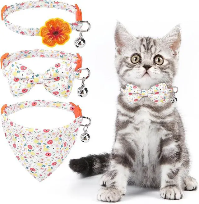 Main image of Summer Cat Collar Breakaway with Bells and Bowtie, 2 Pack Cute Leather Cat Bandana Collar with Safety Buckle Adjustable Size for Small Kitten Boys Girls, White+Orange Flower