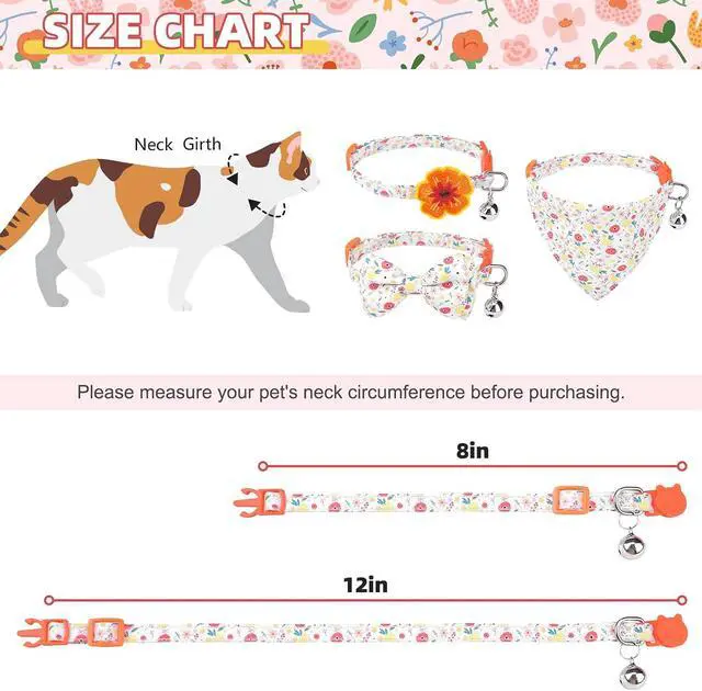 Alt view image 2 of 7 - Summer Cat Collar Breakaway with Bells and Bowtie, 2 Pack Cute Leather Cat Bandana Collar with Safety Buckle Adjustable Size for Small Kitten Boys Girls, White+Orange Flower