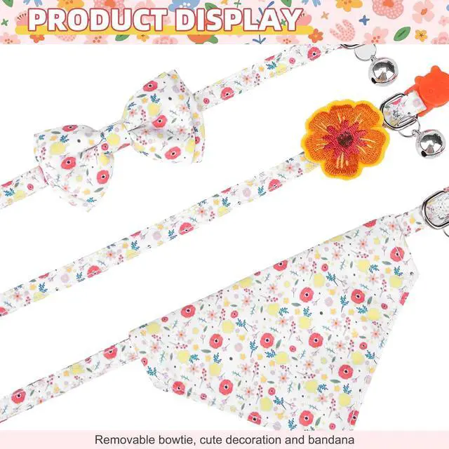 Alt view image 3 of 7 - Summer Cat Collar Breakaway with Bells and Bowtie, 2 Pack Cute Leather Cat Bandana Collar with Safety Buckle Adjustable Size for Small Kitten Boys Girls, White+Orange Flower