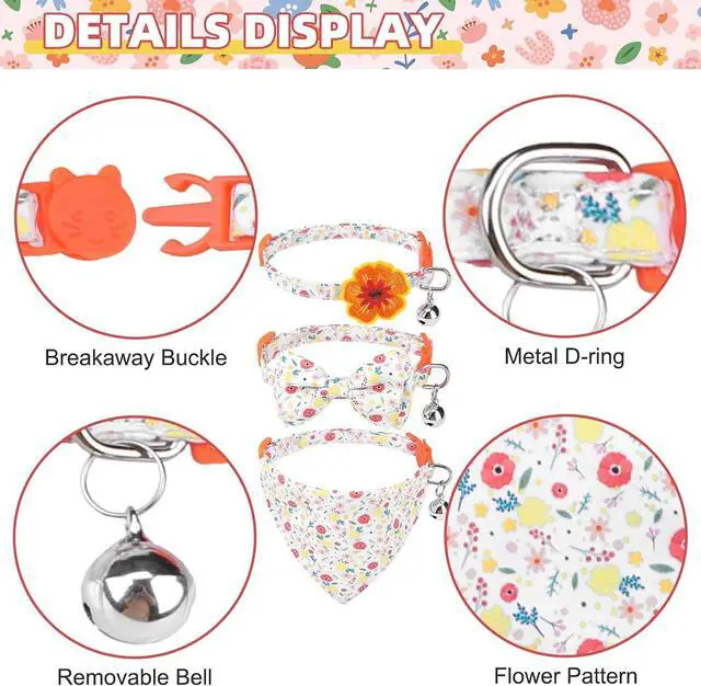 Alt view image 4 of 7 - Summer Cat Collar Breakaway with Bells and Bowtie, 2 Pack Cute Leather Cat Bandana Collar with Safety Buckle Adjustable Size for Small Kitten Boys Girls, White+Orange Flower